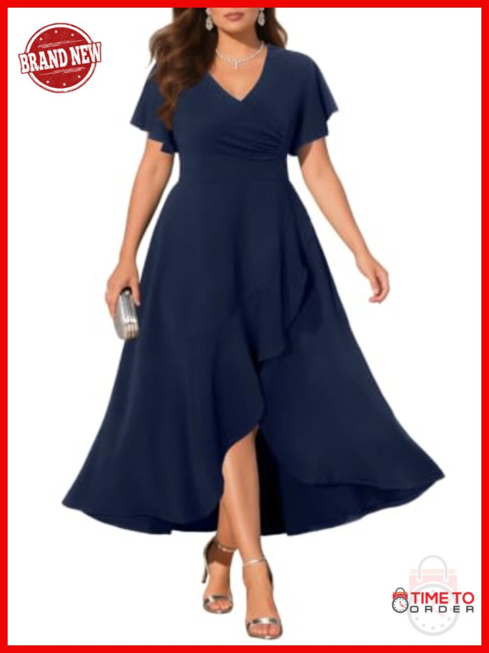 Plus Size Formal High Low Dress Ruffle V-Neck Wedding Guest Cocktail